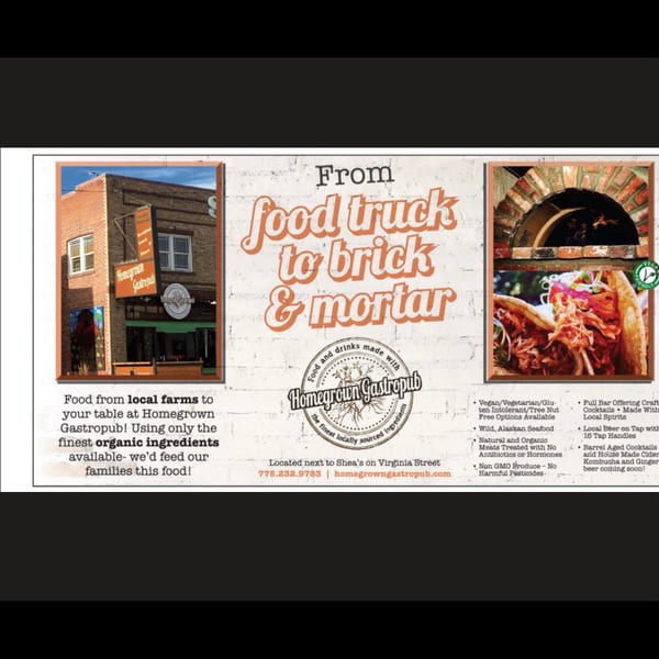 Homegrown Gastropub ad featuring its brick building, a brick oven, and a delicious pulled pork taco.