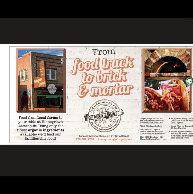 Homegrown Gastropub ad featuring its brick building, a brick oven, and a delicious pulled pork taco.