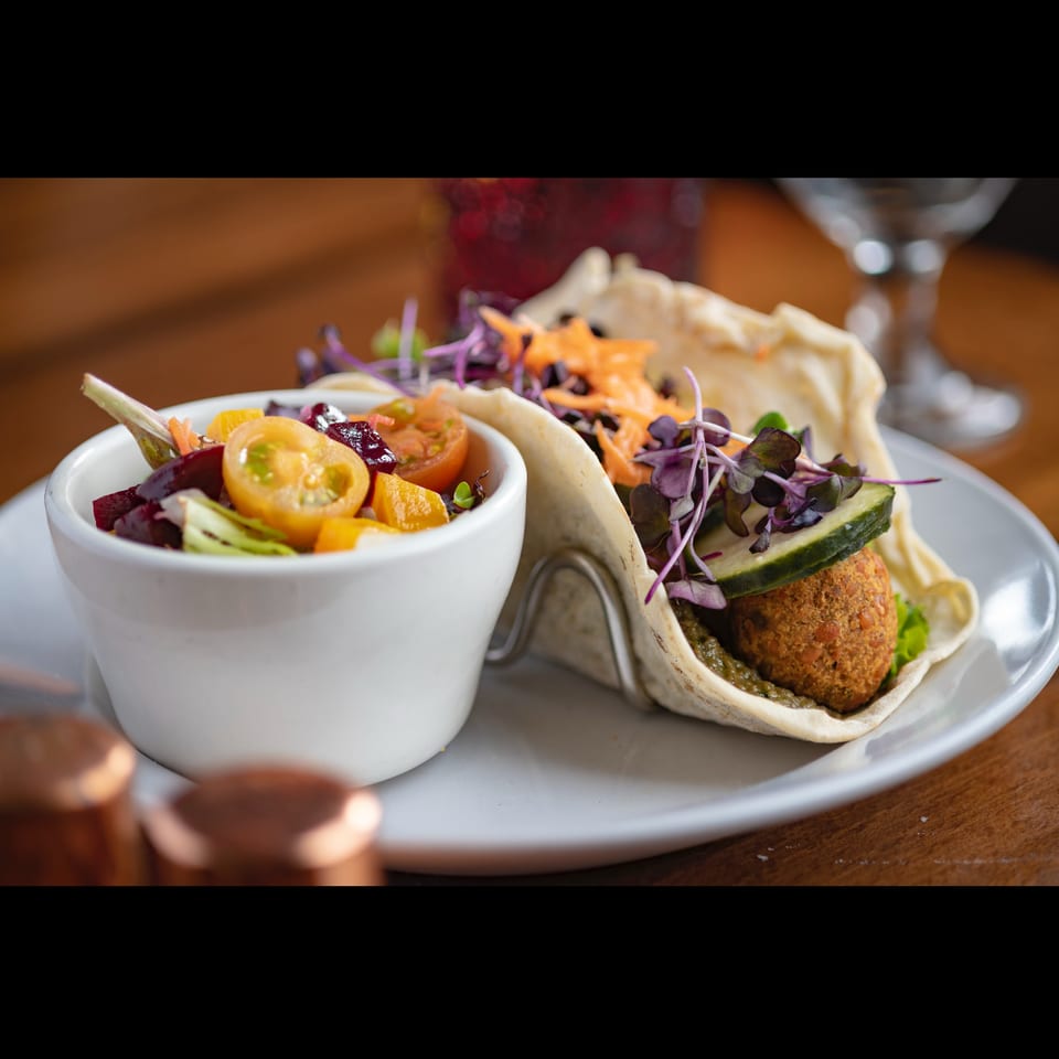 Fresh falafel tacos with cucumber, microgreens, and a colorful side salad on a white plate.